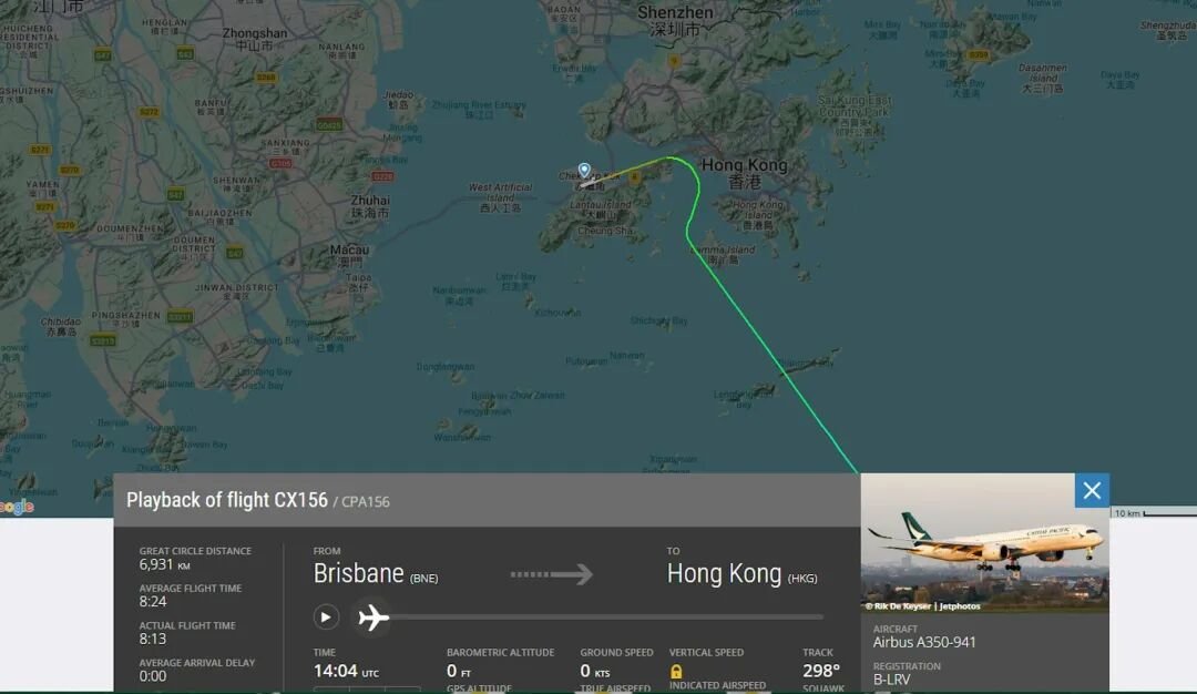国泰航班CX156，由澳大利亚布里斯班飞往香港。（flightradar24截图）