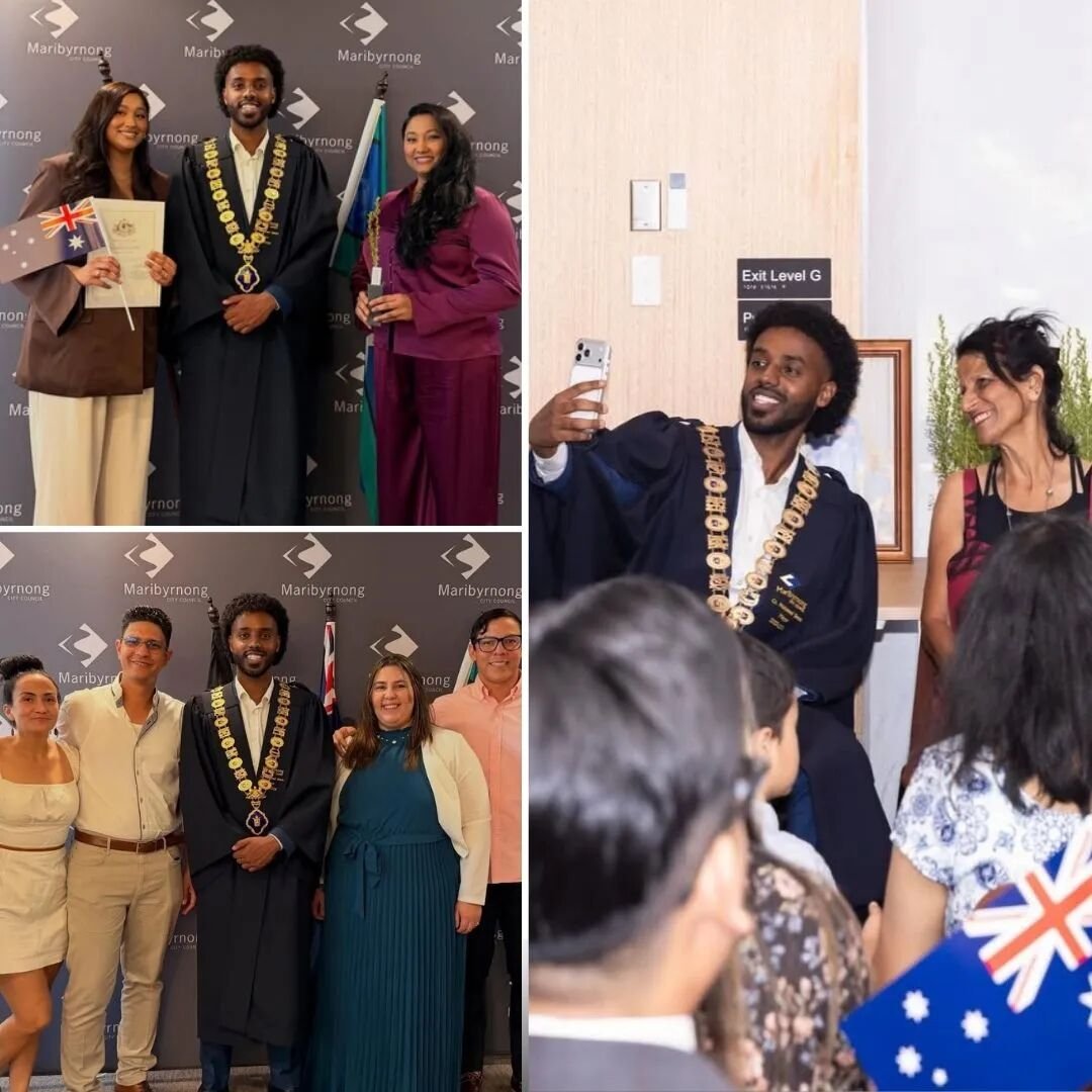 Collage of a mayor in black robes posing with new Australian citizens
