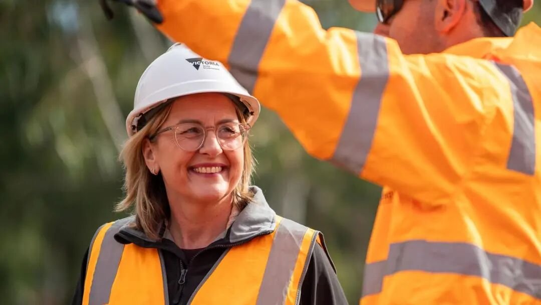Victorian Premier Jacinta Allan speaks to a worker while touring the Burwood Suburban Rail Loop in Melbourne last month. Picture: NewsWire / POOL / Jay Kogler